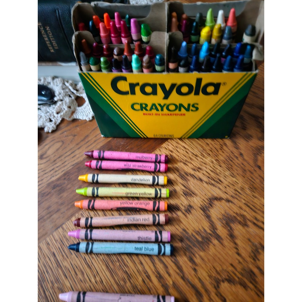 Vintage 1990 Crayola 64 Crayon Box with Sharpener Indian Red Thistle Dandelion